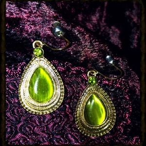 Earrings-Gold Tone & Green Crystal, Teardrop